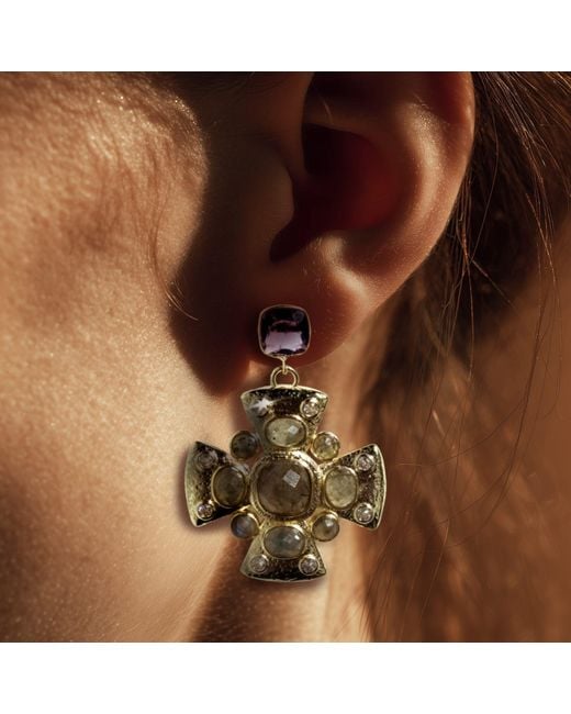 Edgar Navarro Jewelry Green Navarro Labradorite Cross Earrings With Amethyst Stud Base