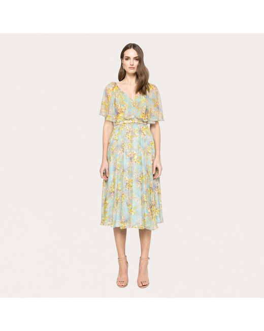 Nissa Green Ruffled Silk Midi Dress Floral-Print