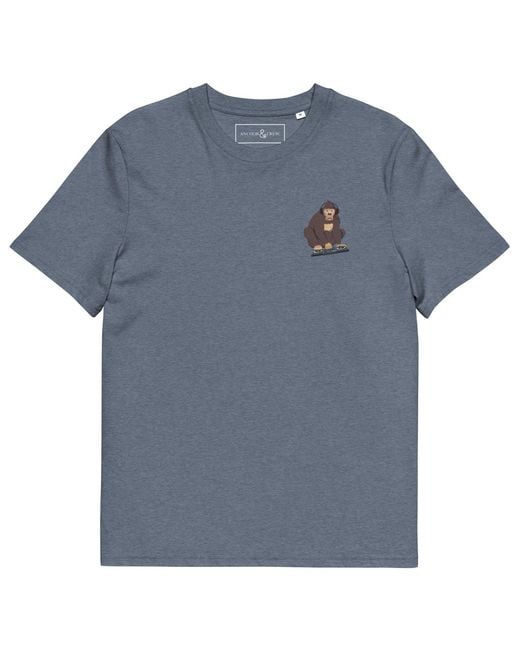 Anchor and Crew Blue Heather D J Monkey Organic Cotton Embroidered T-Shirt