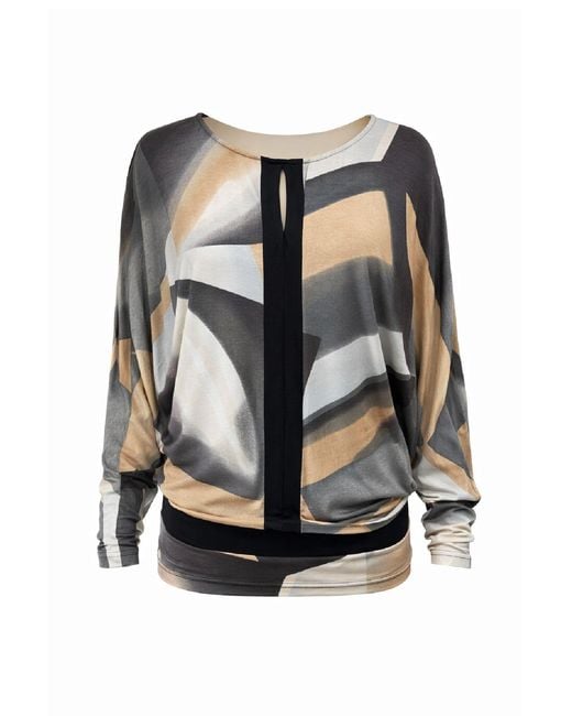 Conquista Black Abstract Print Long-Sleeve Top With Contrast Panel Detail