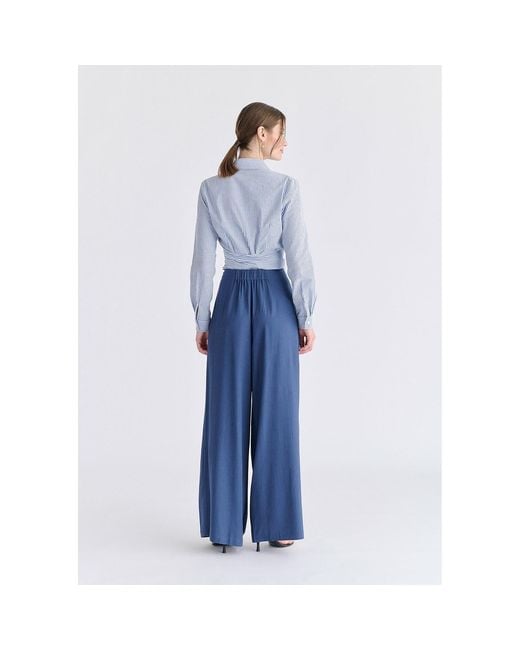 Paisie Blue Front Pleats Detail Wide Leg Trousers