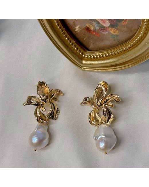Ninemoo Metallic Bauhinia Blossom Baroque Pearl Earrings