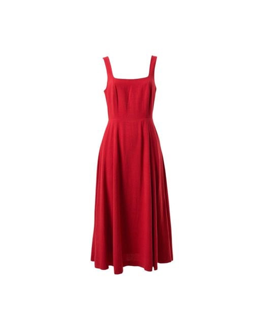 Louche Red Baya Linen Mix Square Neck Midi Dress