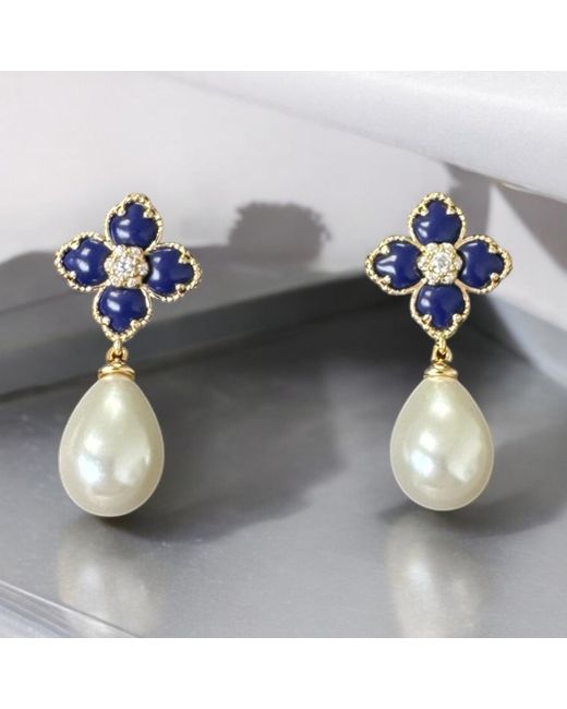 Latelita London Blue Flower Clover Pearl Drop Earrings Lapis Lazuli