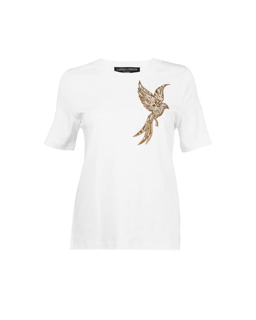 House of Laines London White Laines Couture Embellished Bird Of Paradise T-Shirt