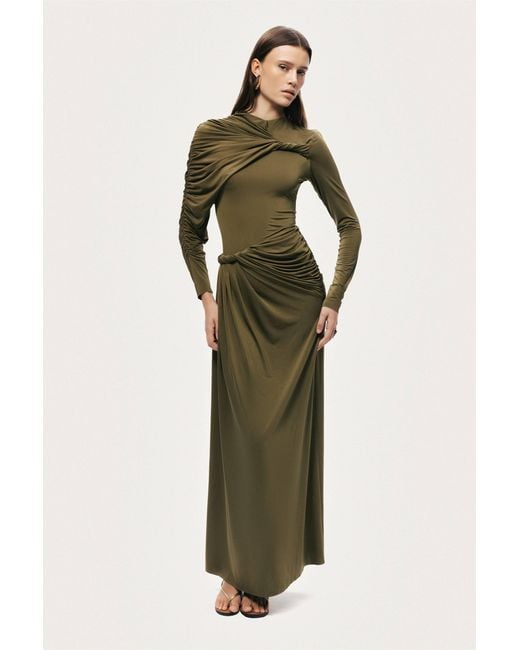 Nocturne Green Neutrals Draped Long Sleeve Maxi Dress