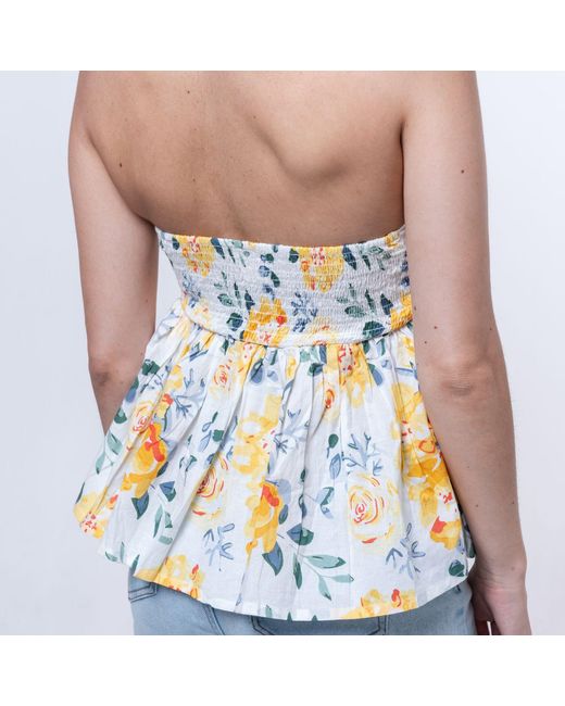 House of Gl Yellow Florea Cotton Front-Tie Smocked Back Tube Top