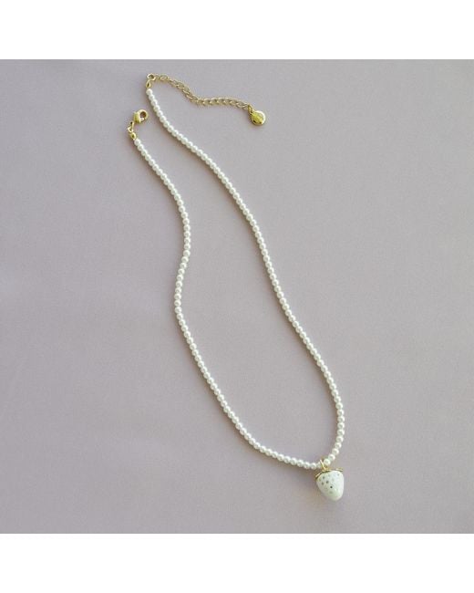 POPORCELAIN Metallic Mini Porcelain Strawberry Swarovski Pearl Necklace