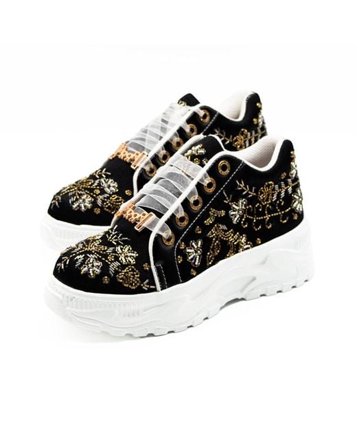 Rettrose Black Diana Luxury Satin Handmade Embellished Trainers