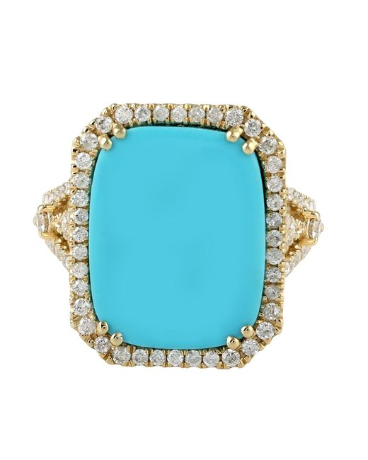 Artisan Blue Natural Diamond Pave & Turquoise Cocktail Ring In 18k Yellow Gold Jewelry