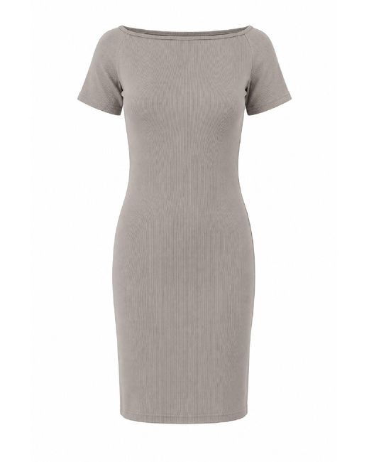 Conquista Gray Ribbed Column Short-Sleeve Dress