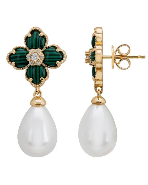 Latelita London Green Flower Clover Pearl Drop Earrings Malachite