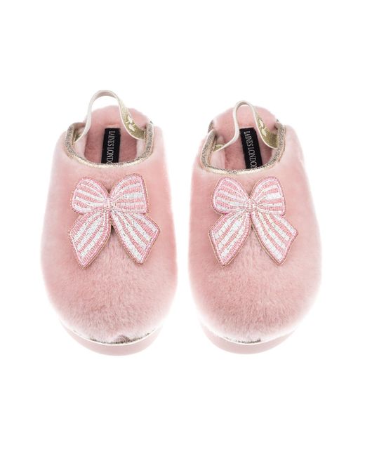 Laines London Pink Flatform Cloud Closed Toe Slippers With Stripe Bow Brooches