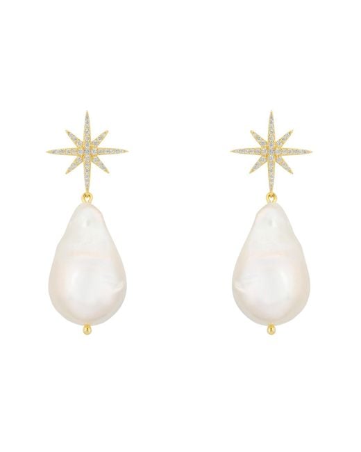 Latelita London White Baroque Pearl Star Burst Drop Earrings Gold