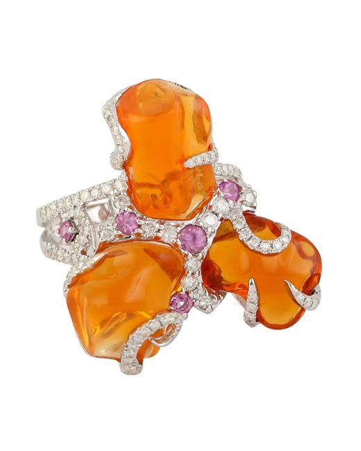 Artisan Orange 18k White Gold Fire Opal Pink Sapphire Diamond Cocktail Ring Handmade