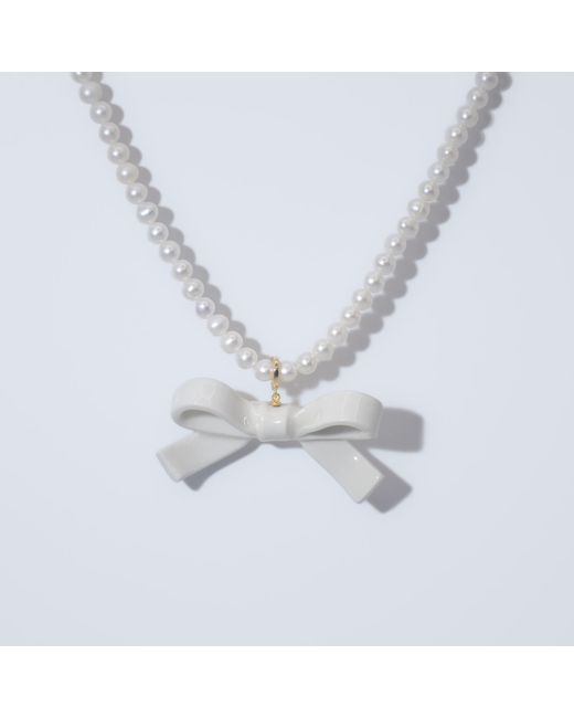 H2 Studio Metallic Bowtie Maniac Medium Ceramic Ribbon Bowtie Round Freshwater Pearl Necklace