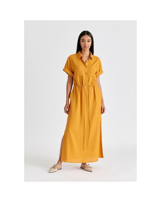 Paisie Yellow Linen Blend Shirt Dress With Stitch Details