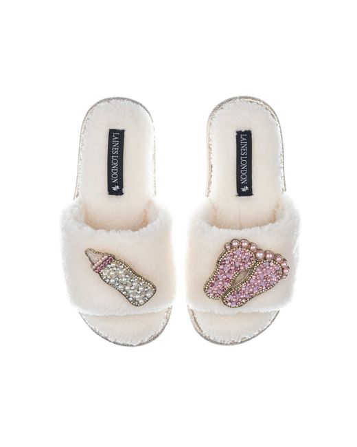 Laines London White Teddy Towelling Slipper Sliders With New Baby Girl Brooches