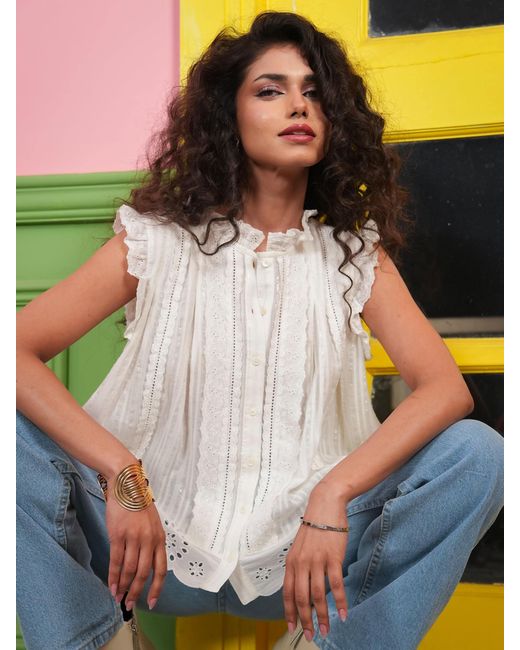Rose & Nancy White Jean Ivory Cotton Lace Trim Pretty Swing Top