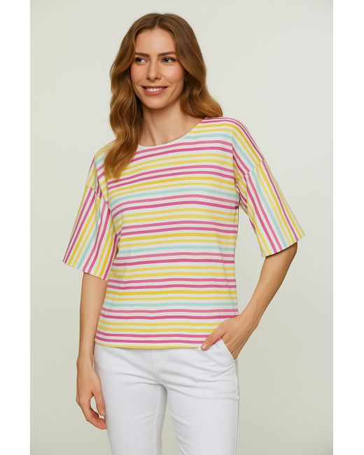 Conquista Multicolor Striped Oversized Cotton Ripstop Top With Elbow-Length Sleeves