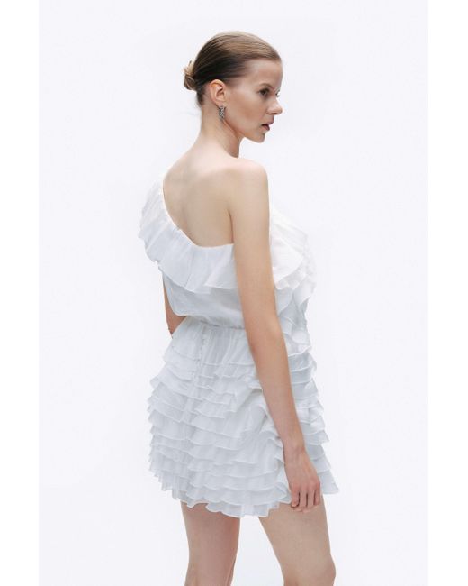 Nocturne White Ecru Mini Dress With Layered Ruffle Details