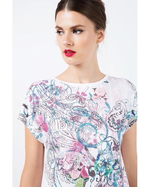 Conquista White Neutrals Boat Neckline Top With Multicoloured Print