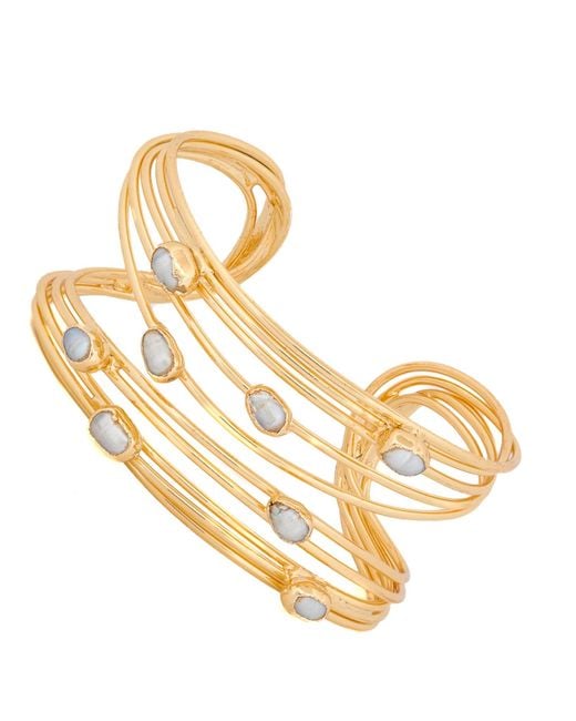 Ebru Jewelry Metallic Cleopatra Pearl Dewdrop Gold Cuff Bracelet