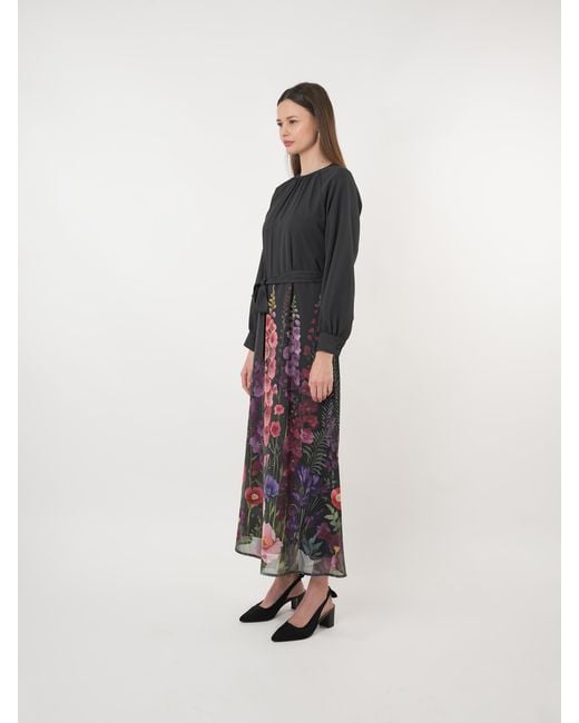 John Abgin Black Chiffon Floral Placement Print Maxi Dress