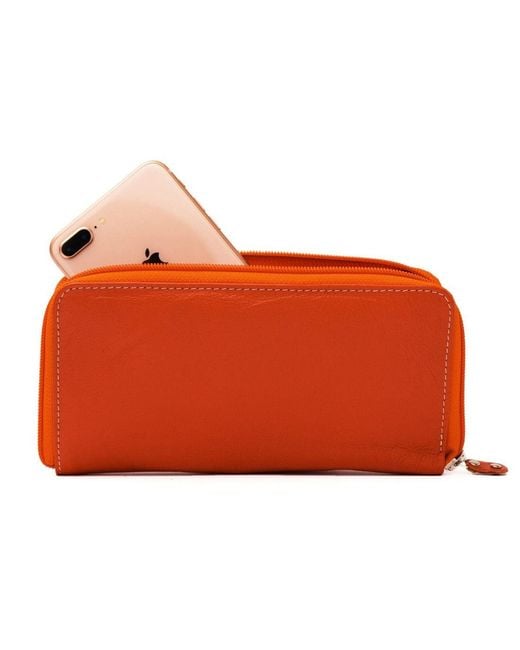 Hides Leather Co. Orange Elegant Zip Around Leather Wallet, Handmade Slim Organizer Clutch