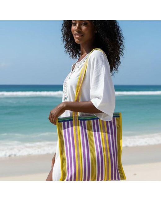 La Mandarine Green Beach Bag, Colourful Striped, Weekender, Tote, Shopper Medium Size, Made From Recycled Nylon