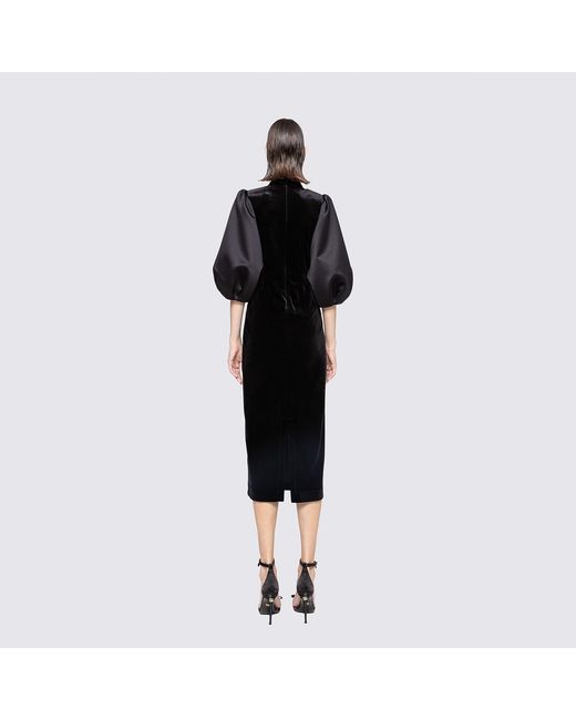 Nissa Black Puff Sleeves Velvet Midi Dress