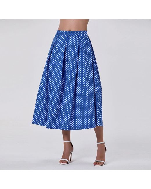 Smart and Joy Blue Flared Midi Skirt With Polka Dots