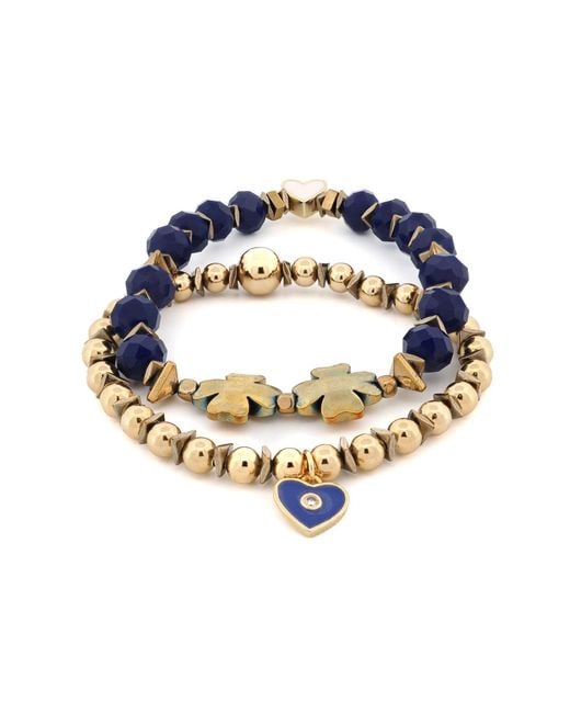 Ebru Jewelry Blue Deep Love Crystal & Heart Charm Bracelet Set