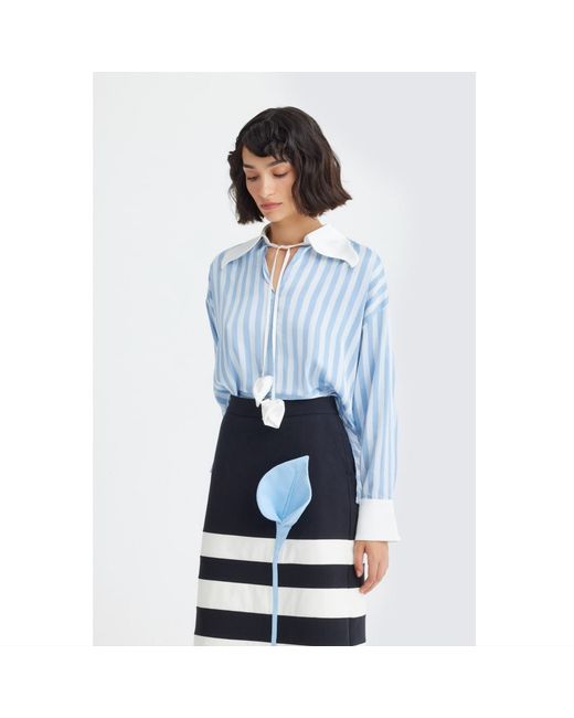 Julia Allert Black Contemporary Striped A-Line Skirt, Floral Detail–