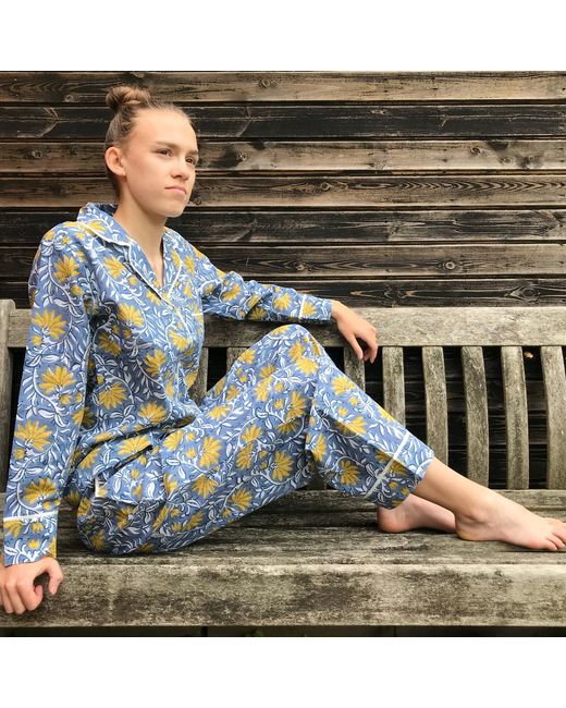 Lime Tree Design Blue And Floral Block Printed Pyjamas