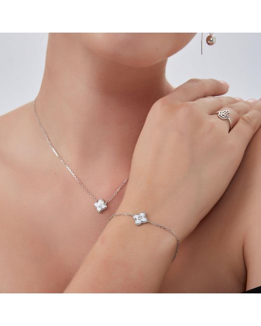 Spero London Metallic Enamel Four Leaf Clover Necklace & Bracelet Set With Gemstone