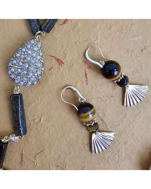 Farra Metallic Elegance Tiger-Eye Stone With Fan Dangle Earrings
