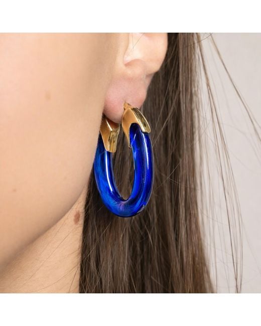 Gold & Honey Blue Sapphire Carved Oval Lucite Birthstone Hoop Earrings