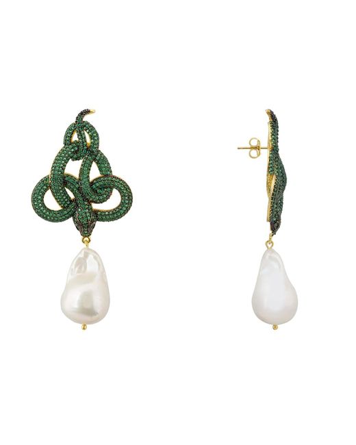 Latelita London Green Viper Snake Baroque Pearl Drop Earrings Gold Emerald Cz