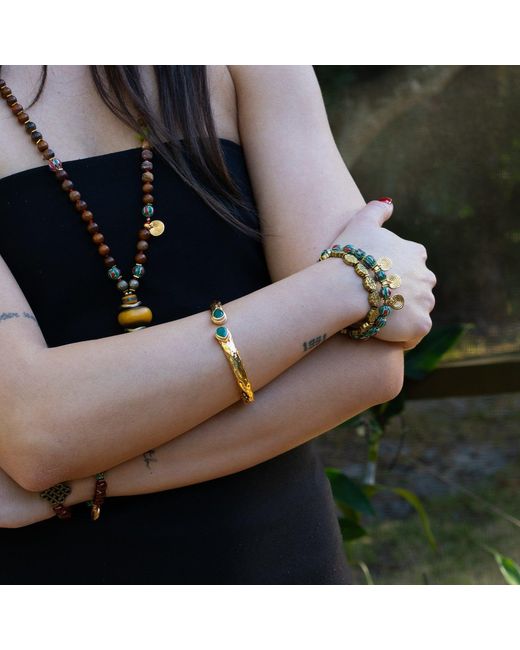 Ebru Jewelry Metallic Cleopatra Emerald Stone & Cuff Chunky Bracelet