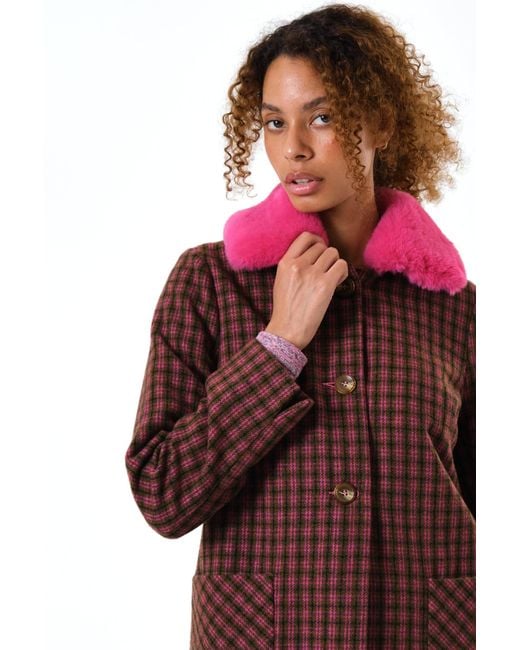 Louche Red Dryden Wyoming Check Faux Fur Collar Coat