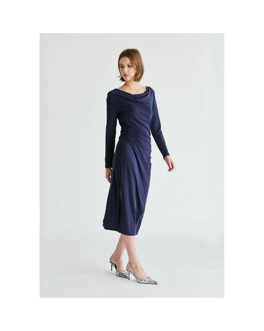 Paisie Blue Ruched Jersey Dress With Draped Neck