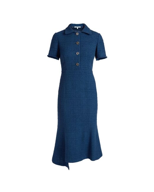Santorelli Blue Sahara Short Sleeve Asymmetric Midi Tweed Dress