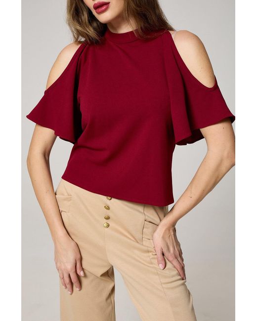 K-Win London Red Elegant Butterfly Sleeve Cold-Shoulder Top