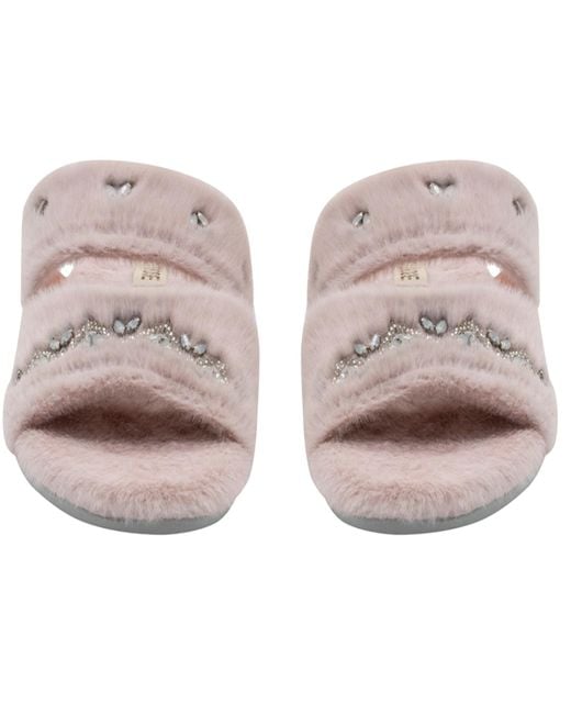 Rettrose Natural Abbie Dusky Luxury Plush Diamanté Embellished Handmade Slipper