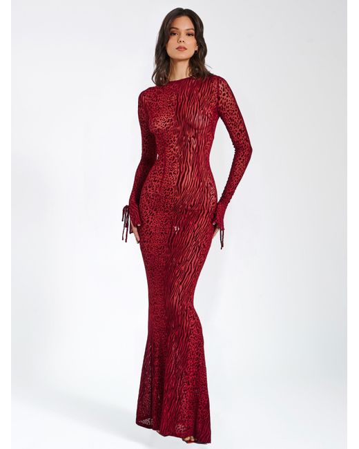 Miss Circle New York Red Waylynn Burnout Velvet Detail Mesh Backless Maxi Dress