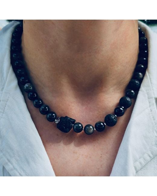 Farra Black Obsidian With Lava Stone Necklace for men