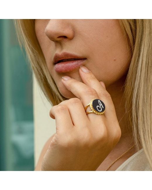 Vintouch Italy Metallic Gold Vermeil Black Cameo Ring Initial L