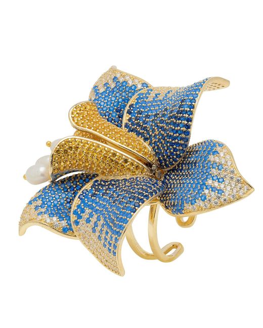 Latelita London Blue Daffodil With Pearls Cocktail Ring Sapphire Cz
