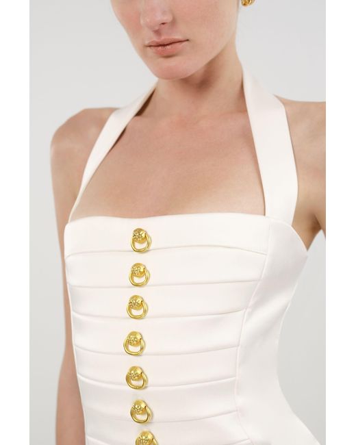 Nocturne White Halterneck Ruched Mini Dress With Button Detail